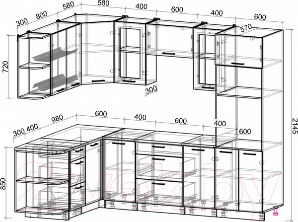 Изображение товара Кухонный гарнитур Интерлиния Мила Gloss 1.68x2.6 левая (белый/керамика/травертин серый)