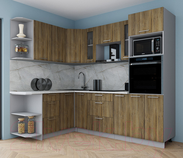 Изображение товара Кухонный гарнитур Интерлиния Мила Gloss 1.68x2.6 левая (дуб вотан/дуб вотан/травертин серый)