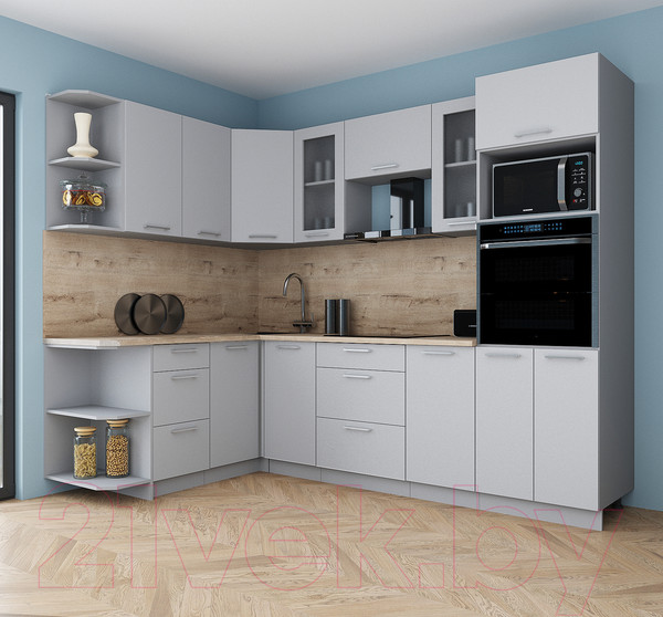 Изображение товара Кухонный гарнитур Интерлиния Мила Gloss 1.68x2.6 левая (грей/грей/травертин серый)