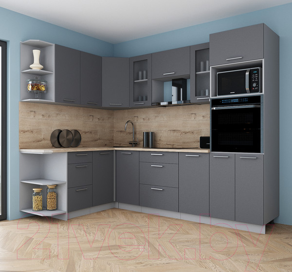 Изображение товара Кухонный гарнитур Интерлиния Мила Gloss 1.68x2.6 левая (серый/серый/травертин серый)