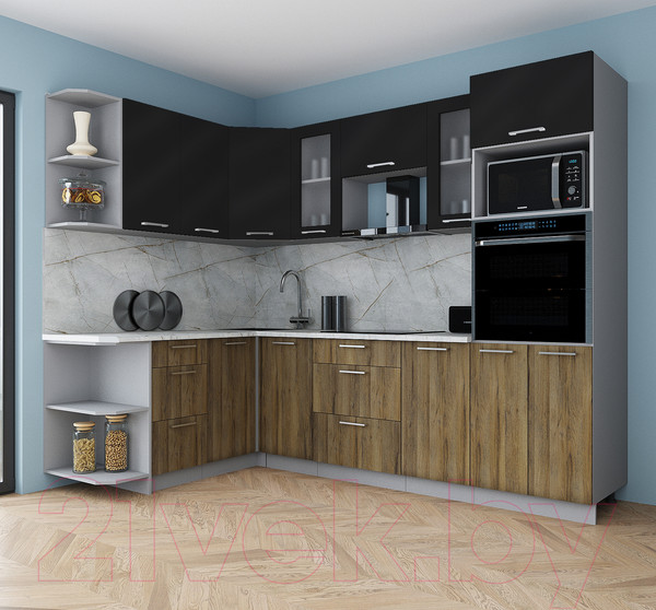 Изображение товара Кухонный гарнитур Интерлиния Мила Gloss 1.68x2.6 левая (черный глянец/дуб вотан/травертин серый)