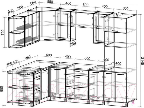 Изображение товара Кухонный гарнитур Интерлиния Мила Gloss 1.68x2.6 левая (яблоко глянец/дуб вотан/травертин серый)