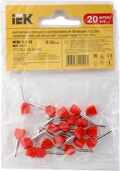 Изображение товара Набор наконечников для кабеля IEK UTE10-4-D2-6-100 (20шт, красный)