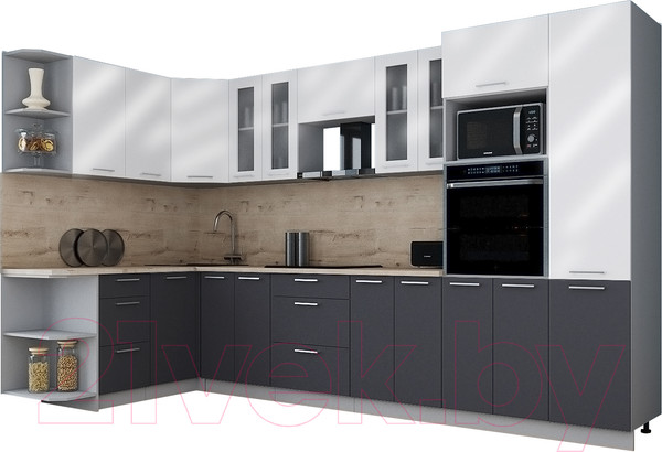 Изображение товара Кухонный гарнитур Интерлиния Мила Gloss 1.68x3.4 левая (белый глянец/пепел/травертин серый)