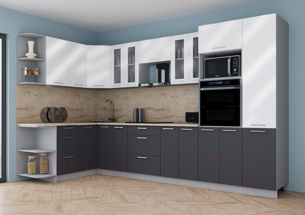 Изображение товара Кухонный гарнитур Интерлиния Мила Gloss 1.68x3.4 левая (белый глянец/пепел/травертин серый)