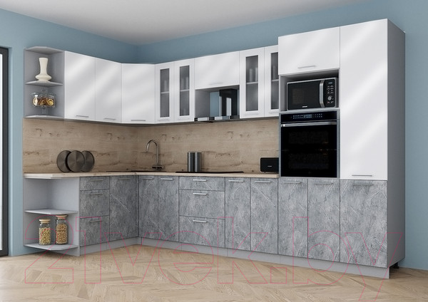 Изображение товара Кухонный гарнитур Интерлиния Мила Gloss 1.68x3.4 левая (белый глянец/керамика/травертин серый)