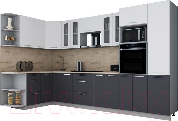 Изображение товара Кухонный гарнитур Интерлиния Мила Gloss 1.68x3.4 левая (белый/пепел/травертин серый)