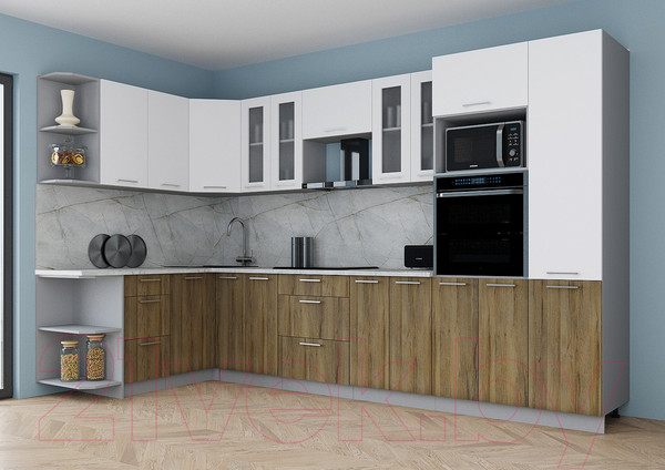 Изображение товара Кухонный гарнитур Интерлиния Мила Gloss 1.68x3.4 левая (белый/дуб вотан/травертин серый)