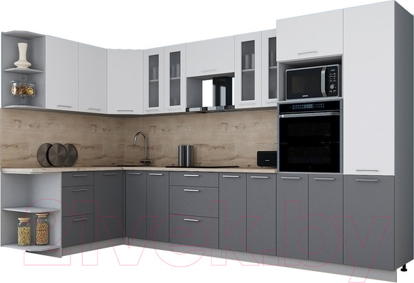 Изображение товара Кухонный гарнитур Интерлиния Мила Gloss 1.68x3.4 левая (белый/серый/травертин серый)