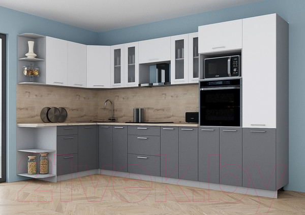 Изображение товара Кухонный гарнитур Интерлиния Мила Gloss 1.68x3.4 левая (белый/серый/травертин серый)