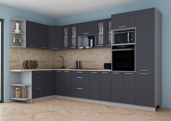 Изображение товара Кухонный гарнитур Интерлиния Мила Gloss 1.68x3.4 левая (пепел/пепел/травертин серый)