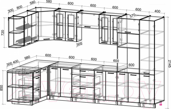 Изображение товара Кухонный гарнитур Интерлиния Мила Gloss 1.68x3.4 левая (дуб вотан/дуб вотан/травертин серый)
