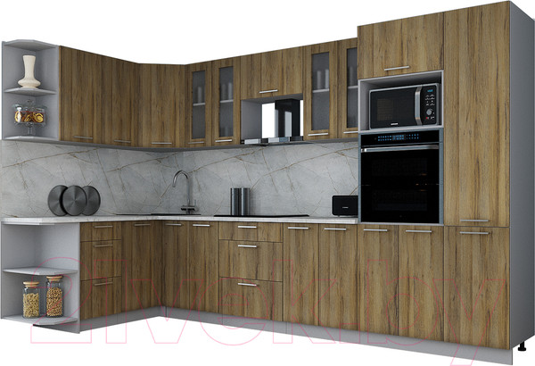 Изображение товара Кухонный гарнитур Интерлиния Мила Gloss 1.68x3.4 левая (дуб вотан/дуб вотан/травертин серый)