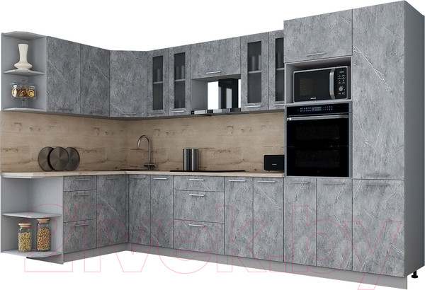 Изображение товара Кухонный гарнитур Интерлиния Мила Gloss 1.68x3.4 левая (керамика/керамика/травертин серый)