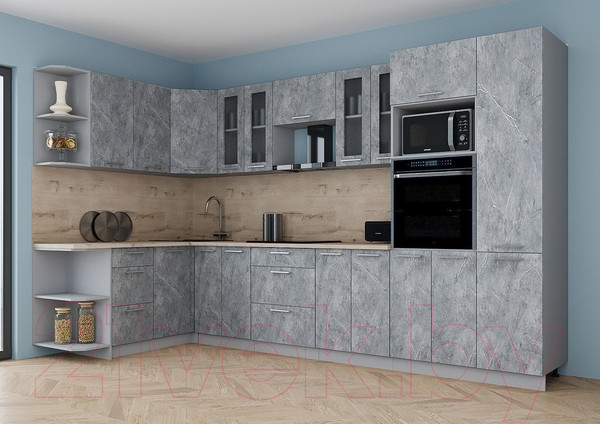 Изображение товара Кухонный гарнитур Интерлиния Мила Gloss 1.68x3.4 левая (керамика/керамика/травертин серый)