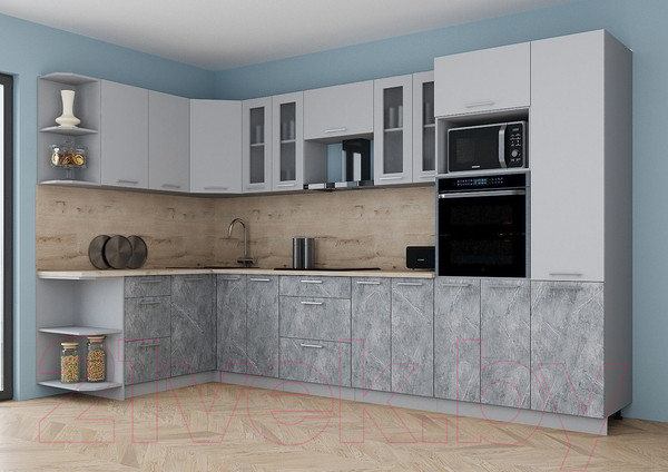 Изображение товара Кухонный гарнитур Интерлиния Мила Gloss 1.68x3.4 левая (грей/керамика/травертин серый)