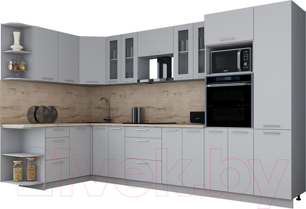 Изображение товара Кухонный гарнитур Интерлиния Мила Gloss 1.68x3.4 левая (грей/грей/травертин серый)