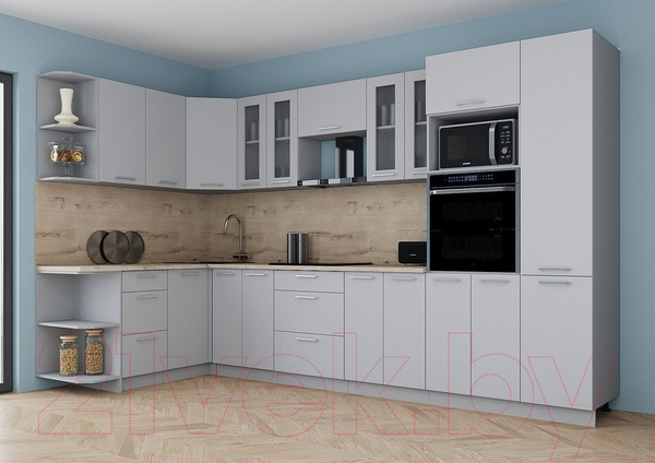 Изображение товара Кухонный гарнитур Интерлиния Мила Gloss 1.68x3.4 левая (грей/грей/травертин серый)