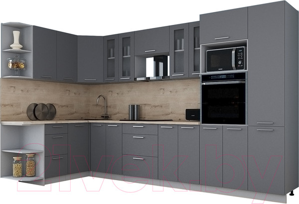 Изображение товара Кухонный гарнитур Интерлиния Мила Gloss 1.68x3.4 левая (серый/серый/травертин серый)
