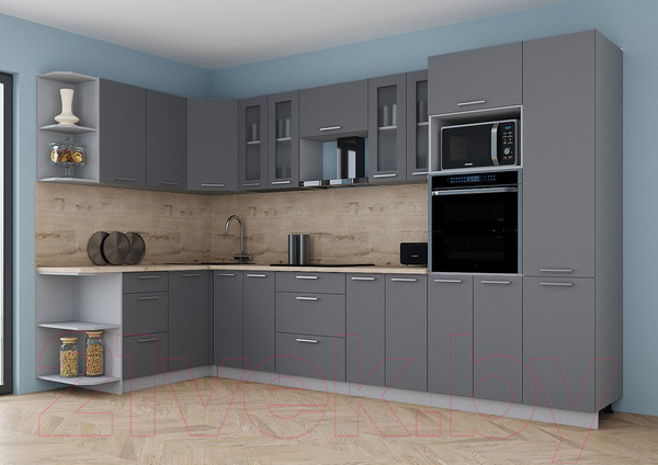 Изображение товара Кухонный гарнитур Интерлиния Мила Gloss 1.68x3.4 левая (серый/серый/травертин серый)