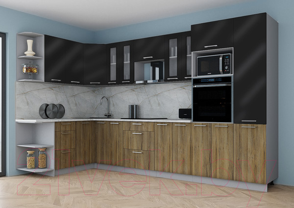 Изображение товара Кухонный гарнитур Интерлиния Мила Gloss 1.68x3.4 левая (черный глянец/дуб вотан/травертин серый)