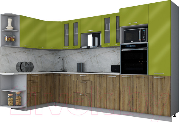 Изображение товара Кухонный гарнитур Интерлиния Мила Gloss 1.68x3.4 левая (яблоко глянец/дуб вотан/травертин серый)