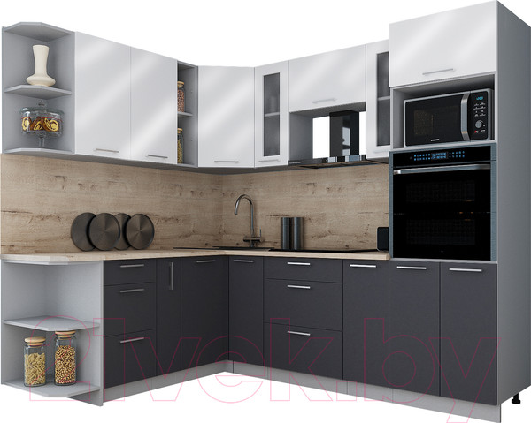Изображение товара Кухонный гарнитур Интерлиния Мила Gloss 1.88x2.4 левая (белый глянец/пепел/травертин серый)