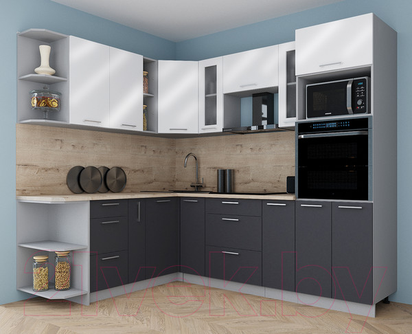 Изображение товара Кухонный гарнитур Интерлиния Мила Gloss 1.88x2.4 левая (белый глянец/пепел/травертин серый)