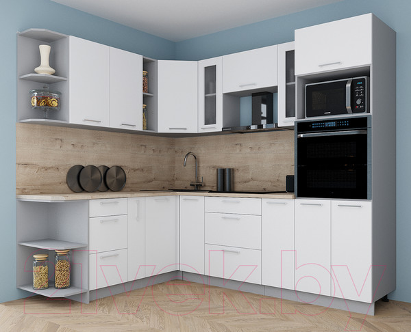 Изображение товара Кухонный гарнитур Интерлиния Мила Gloss 1.88x2.4 левая (белый/белый/травертин серый)