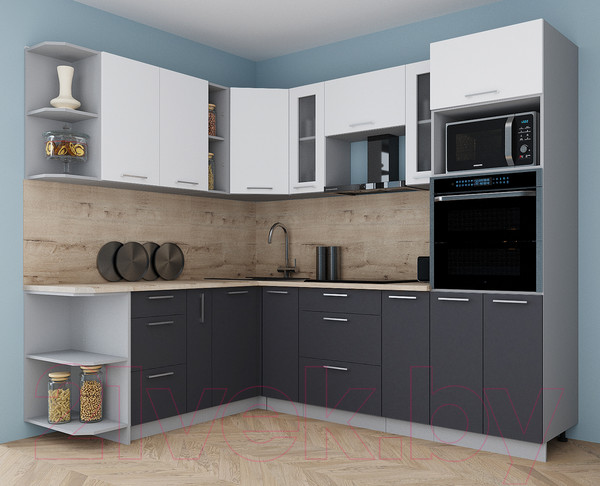 Изображение товара Кухонный гарнитур Интерлиния Мила Gloss 1.88x2.4 левая (белый/пепел/травертин серый)