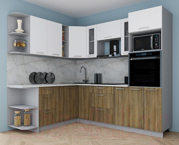 Изображение товара Кухонный гарнитур Интерлиния Мила Gloss 1.88x2.4 левая (белый/дуб вотан/травертин серый)