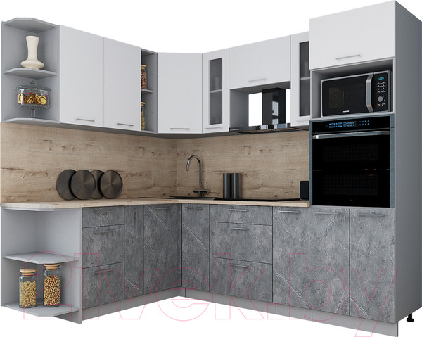 Изображение товара Кухонный гарнитур Интерлиния Мила Gloss 1.88x2.4 левая (белый/керамика/травертин серый)