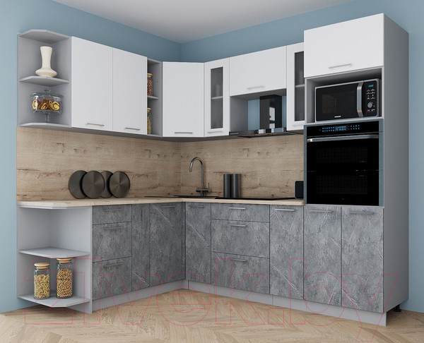 Изображение товара Кухонный гарнитур Интерлиния Мила Gloss 1.88x2.4 левая (белый/керамика/травертин серый)