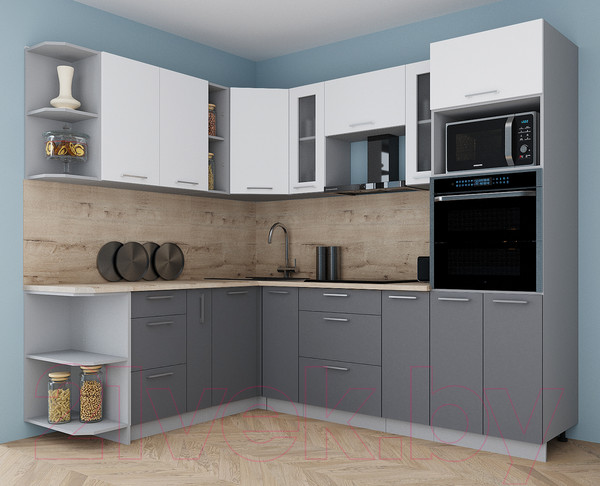 Изображение товара Кухонный гарнитур Интерлиния Мила Gloss 1.88x2.4 левая (белый/серый/травертин серый)