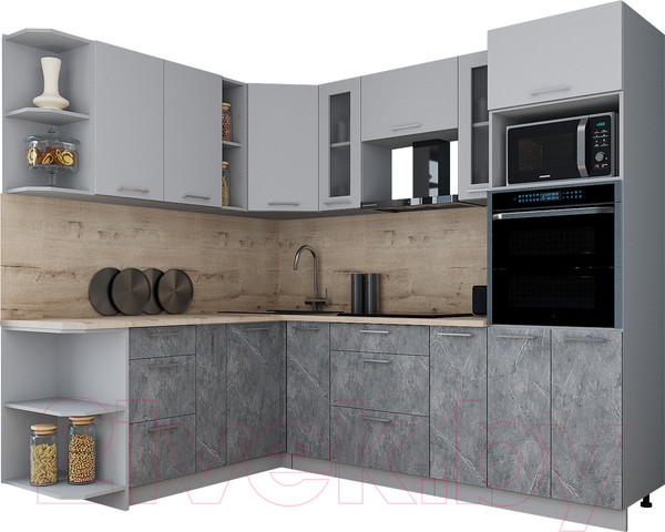 Изображение товара Кухонный гарнитур Интерлиния Мила Gloss 1.88x2.4 левая (грей/керамика/травертин серый)