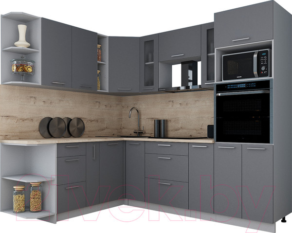 Изображение товара Кухонный гарнитур Интерлиния Мила Gloss 1.88x2.4 левая (серый/серый/травертин серый)