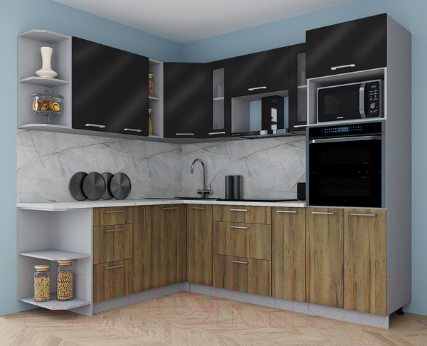 Изображение товара Кухонный гарнитур Интерлиния Мила Gloss 1.88x2.4 левая (черный глянец/дуб вотан/травертин серый)