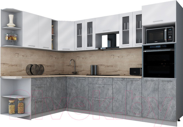 Изображение товара Кухонный гарнитур Интерлиния Мила Gloss 1.88x3.0 левая (белый глянец/керамика/травертин серый)