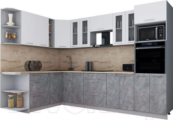 Изображение товара Кухонный гарнитур Интерлиния Мила Gloss 1.88x3.0 левая (белый/керамика/травертин серый)