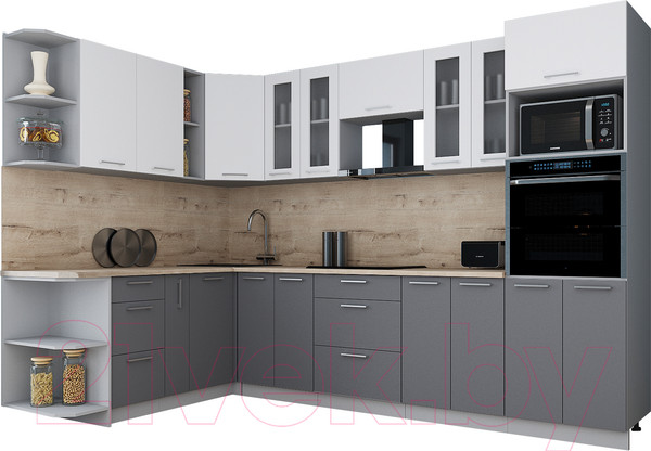 Изображение товара Кухонный гарнитур Интерлиния Мила Gloss 1.88x3.0 левая (белый/серый/травертин серый)