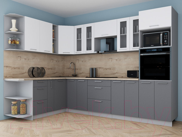 Изображение товара Кухонный гарнитур Интерлиния Мила Gloss 1.88x3.0 левая (белый/серый/травертин серый)