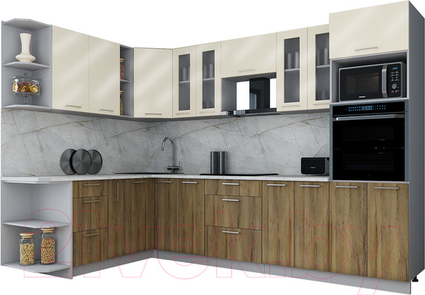 Изображение товара Кухонный гарнитур Интерлиния Мила Gloss 1.88x3.0 левая (ваниль глянец/дуб вотан/травертин серый)