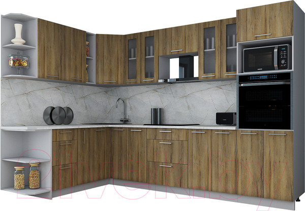 Изображение товара Кухонный гарнитур Интерлиния Мила Gloss 1.88x3.0 левая (дуб вотан/дуб вотан/травертин серый)