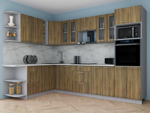 Изображение товара Кухонный гарнитур Интерлиния Мила Gloss 1.88x3.0 левая (дуб вотан/дуб вотан/травертин серый)