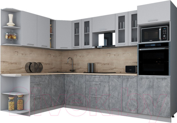 Изображение товара Кухонный гарнитур Интерлиния Мила Gloss 1.88x3.0 левая (грей/керамика/травертин серый)