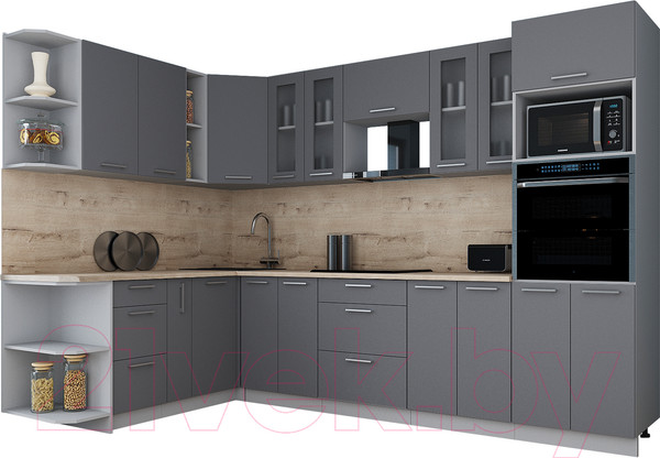 Изображение товара Кухонный гарнитур Интерлиния Мила Gloss 1.88x3.0 левая (серый/серый/травертин серый)