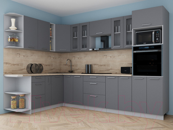 Изображение товара Кухонный гарнитур Интерлиния Мила Gloss 1.88x3.0 левая (серый/серый/травертин серый)