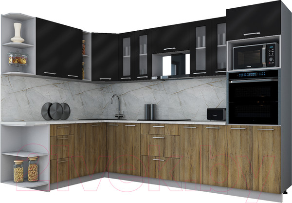 Изображение товара Кухонный гарнитур Интерлиния Мила Gloss 1.88x3.0 левая (черный глянец/дуб вотан/травертин серый)