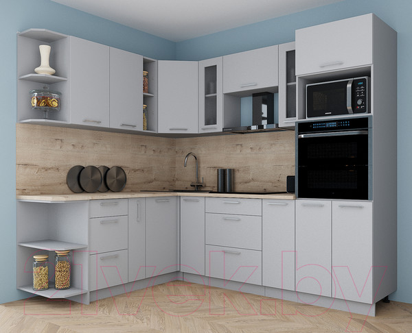 Изображение товара Кухонный гарнитур Интерлиния Мила Gloss 1.88x2.4 левая (грей/грей/травертин серый)