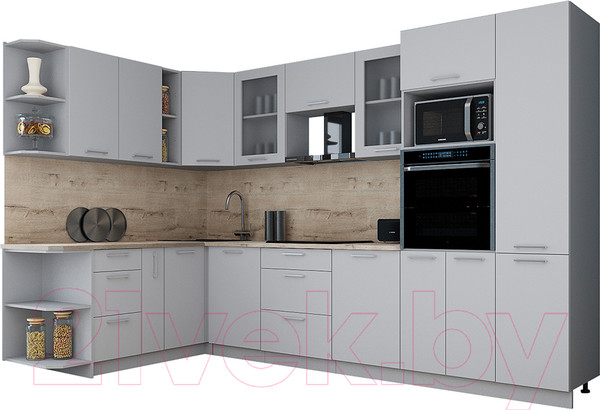 Изображение товара Кухонный гарнитур Интерлиния Мила Gloss 1.88x3.2 левая (грей/грей/травертин серый)